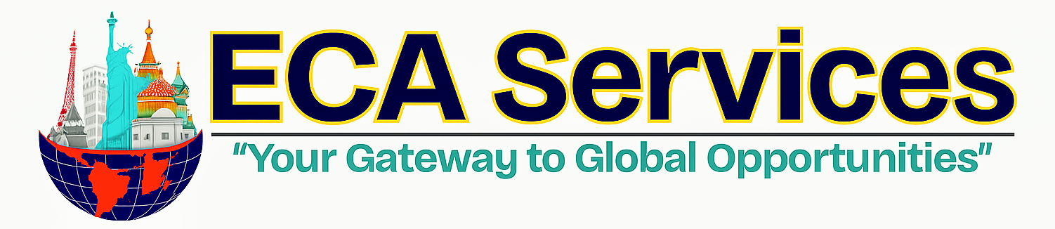 ECA Services Visa Immigration Logo with global landmarks and tagline "Your Gateway to Global Opportunities"